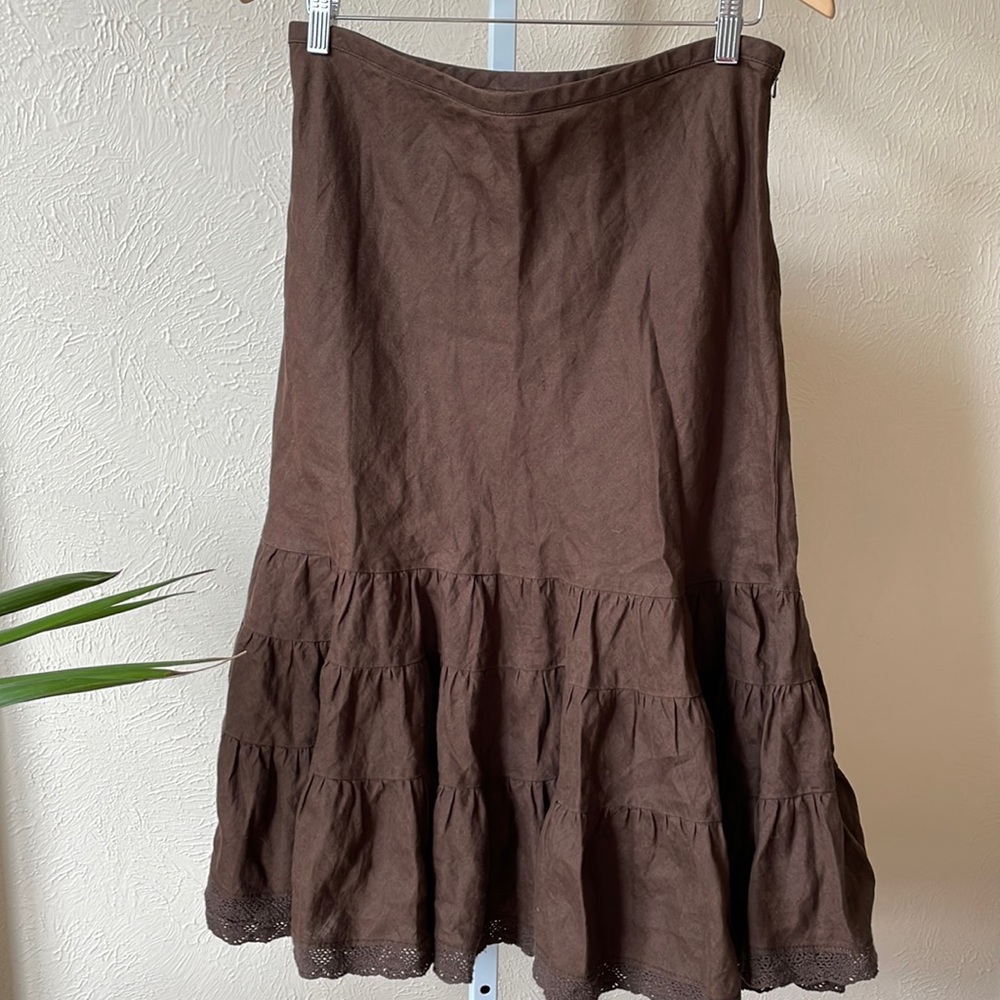 Ann Taylor dark brown linen tiered skirt